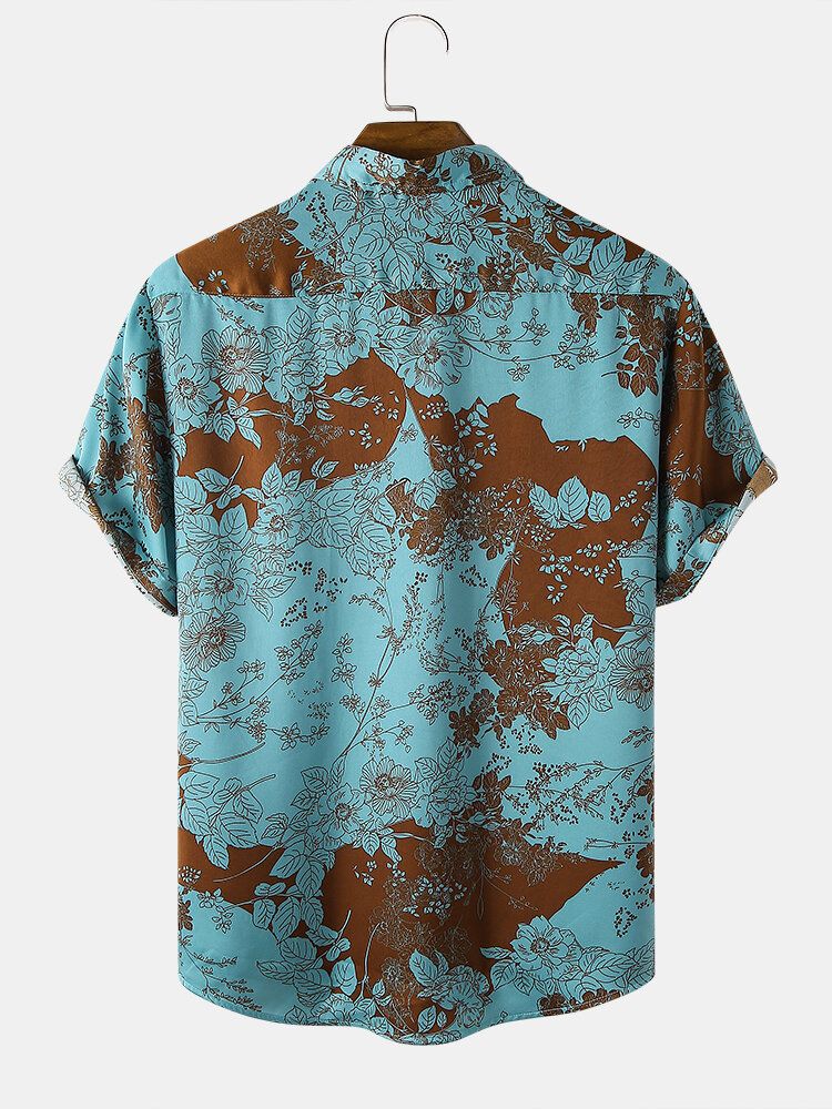 Camisa De Vacaciones Con Bolsillo De Solapa Y Manga Corta Con Estampado Floral Para Hombre