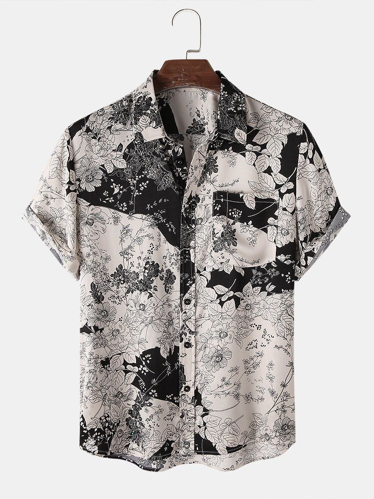 Camisa De Vacaciones Con Bolsillo De Solapa Y Manga Corta Con Estampado Floral Para Hombre