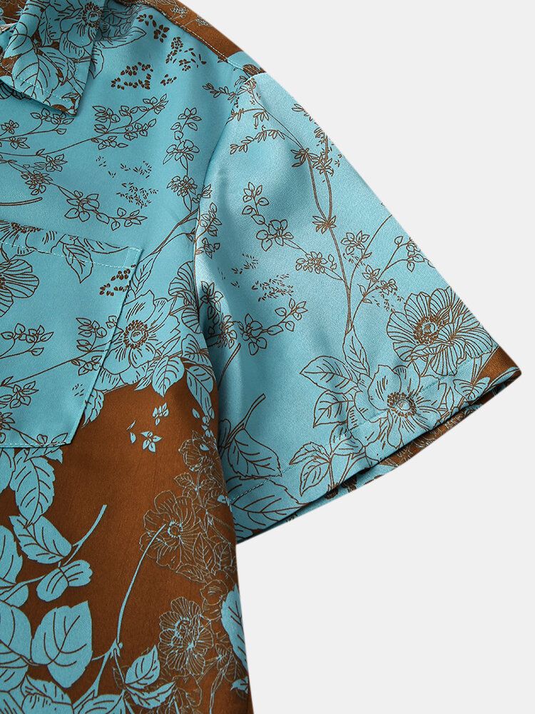 Camisa De Vacaciones Con Bolsillo De Solapa Y Manga Corta Con Estampado Floral Para Hombre