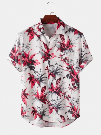 Camisa De Vacaciones Con Dobladillo Curvo De Manga Corta Con Bolsillo Con Estampado De Hojas De Plantas Para Hombre