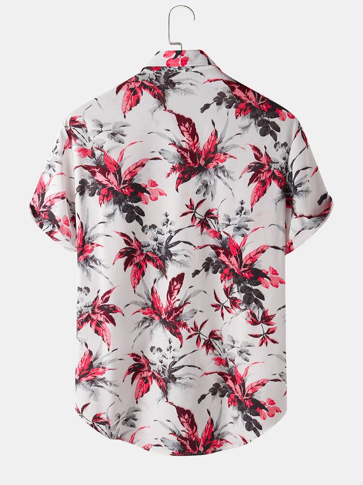 Camisa De Vacaciones Con Dobladillo Curvo De Manga Corta Con Bolsillo Con Estampado De Hojas De Plantas Para Hombre