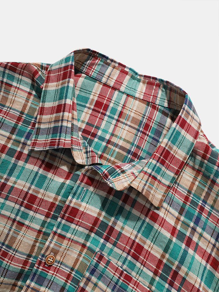 Camisas Casuales De Bolsillo A Cuadros 100% Algodón Para Hombre