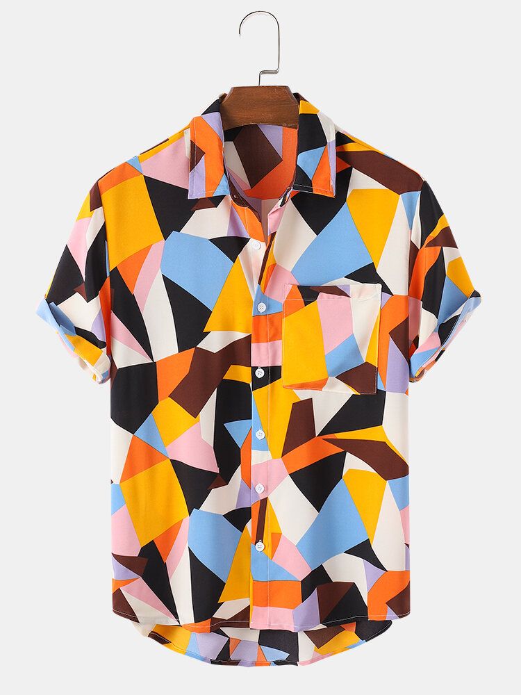 Camisas Casuales De Bolsillo De Bloque De Color Festivo Para Hombre