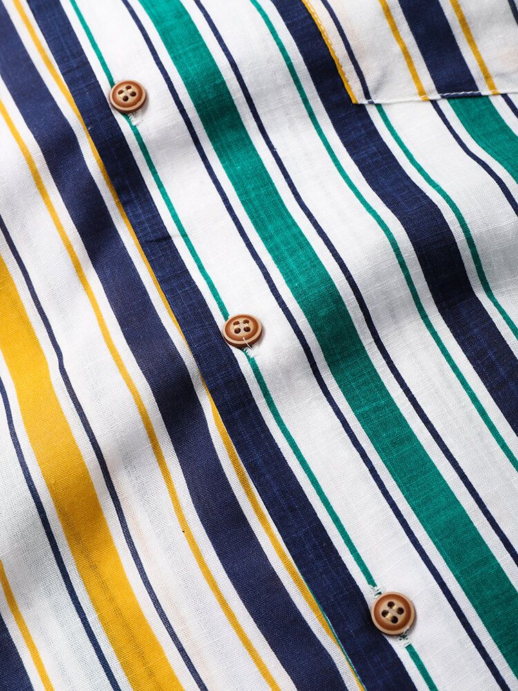 Camisas Casuales Con Cuello De Solapa De Bolsillo A Rayas Coloridas Para Hombre