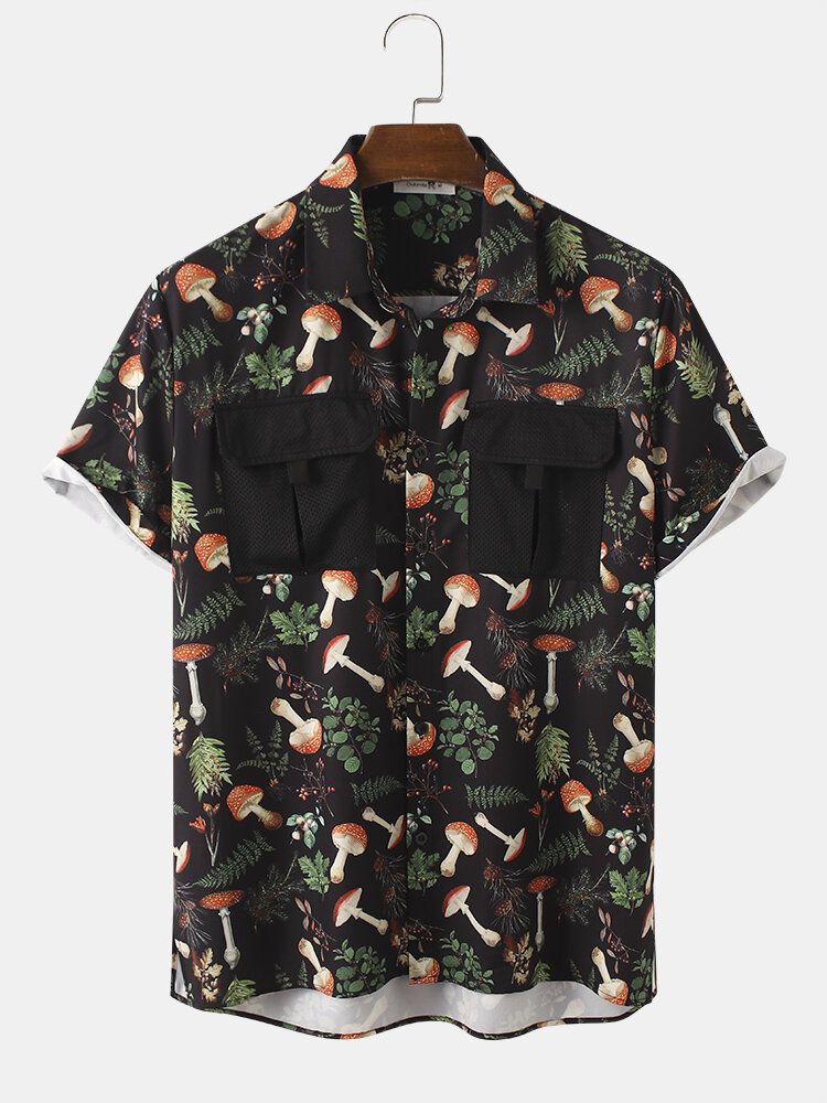 Camisas Casuales Con Estampado De Hongos Con Bolsillos Dobles Para Hombre