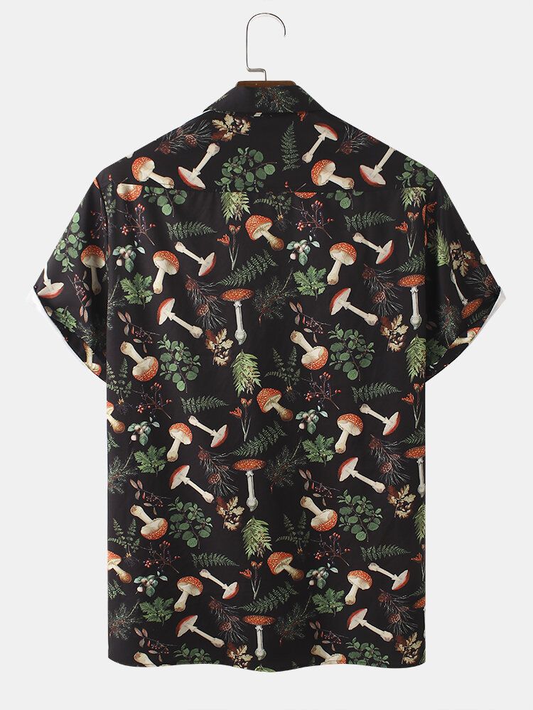 Camisas Casuales Con Estampado De Hongos Con Bolsillos Dobles Para Hombre