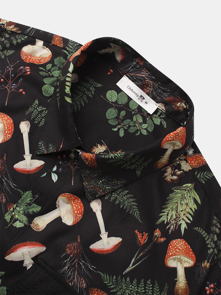 Camisas Casuales Con Estampado De Hongos Con Bolsillos Dobles Para Hombre