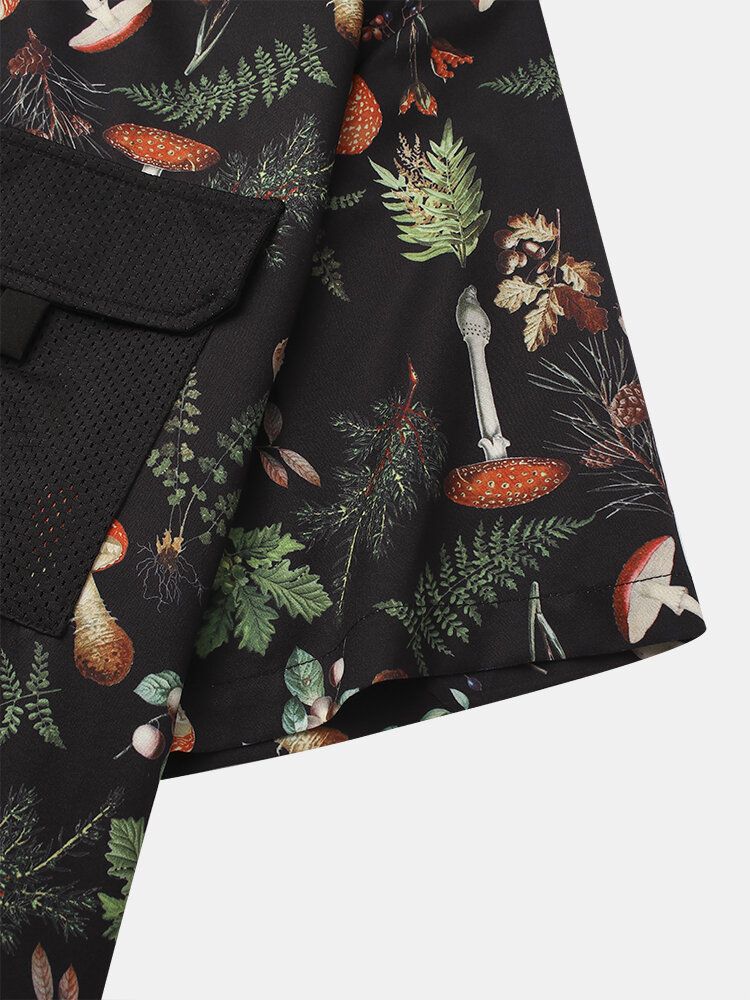 Camisas Casuales Con Estampado De Hongos Con Bolsillos Dobles Para Hombre