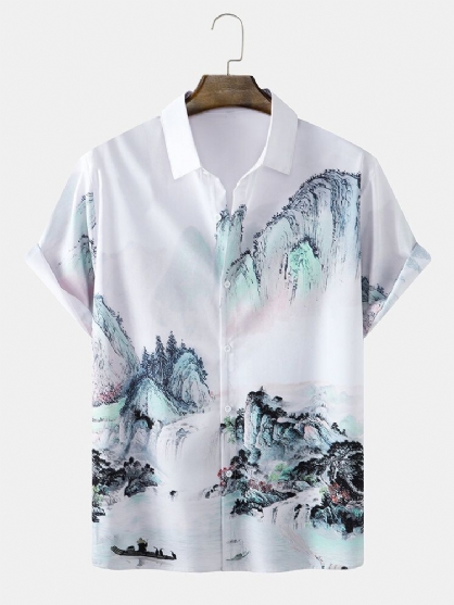 Camisas Casuales Con Estampado De Paisaje De Montaña Para Hombre