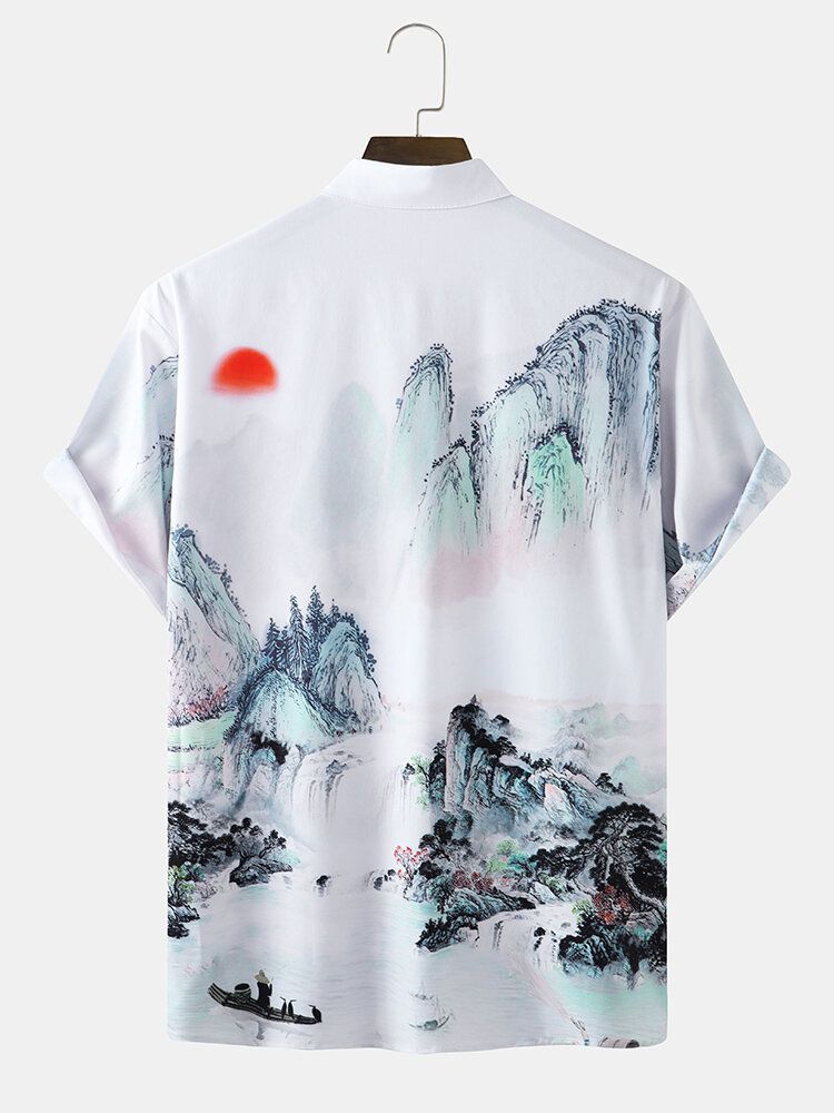 Camisas Casuales Con Estampado De Paisaje De Montaña Para Hombre