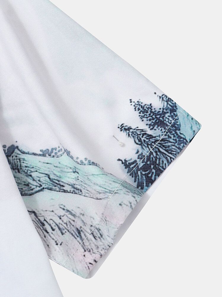 Camisas Casuales Con Estampado De Paisaje De Montaña Para Hombre