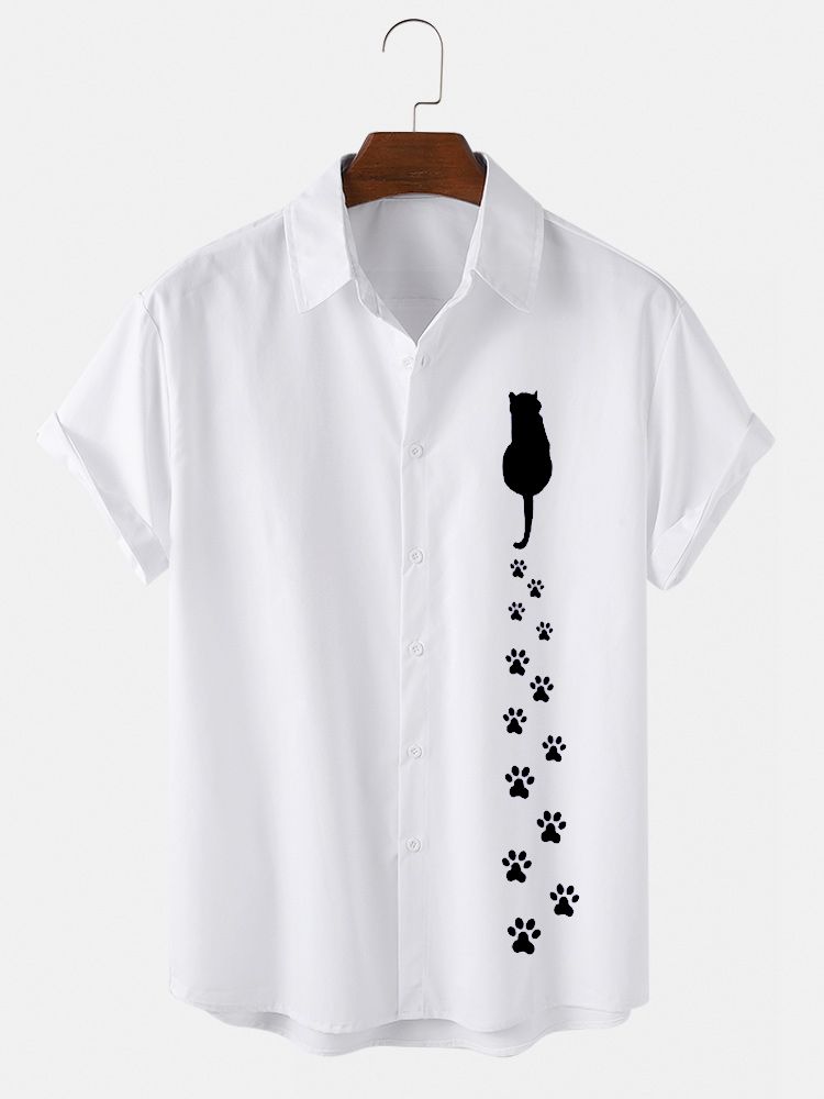 Camisas Casuales De Manga Corta De Algodón Con Estampado De Gatos Y Huellas De Dibujos Animados Para Hombre