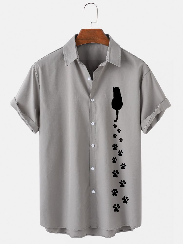 Camisas Casuales De Manga Corta De Algodón Con Estampado De Gatos Y Huellas De Dibujos Animados Para Hombre