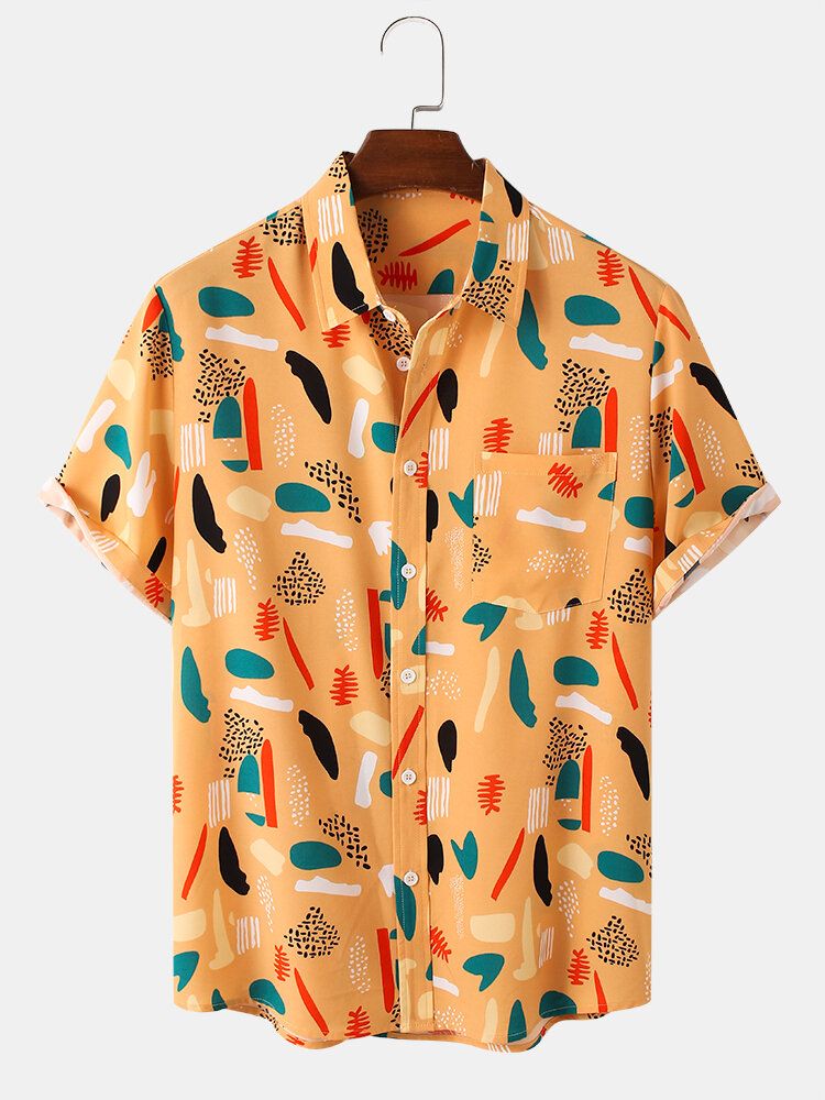 Camisas Casuales De Manga Corta Con Bloques De Color De Dibujos Animados De Moda Para Hombre