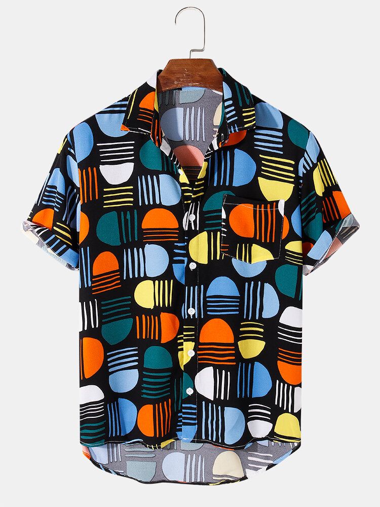 Camisas Casuales De Manga Corta Con Bolsillo De Bloque De Color Festivo Para Hombre