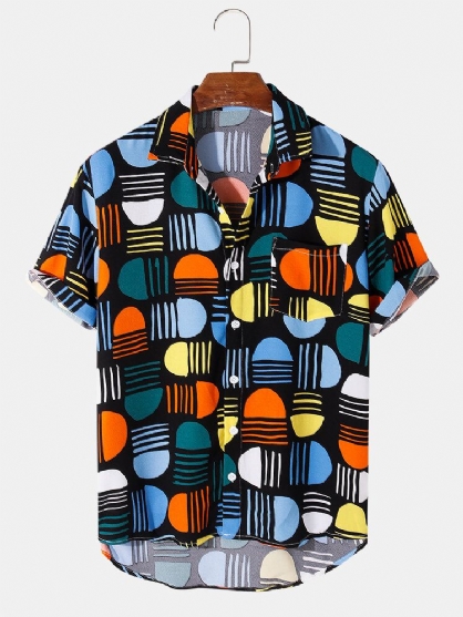 Camisas Casuales De Manga Corta Con Bolsillo De Bloque De Color Festivo Para Hombre