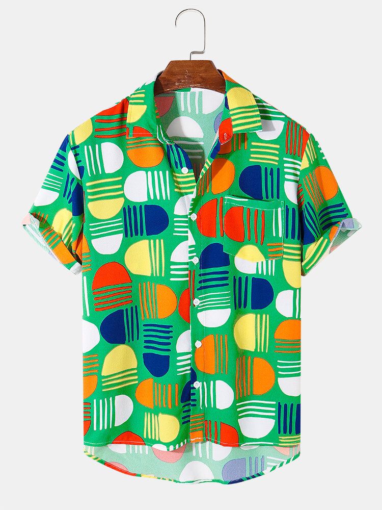 Camisas Casuales De Manga Corta Con Bolsillo De Bloque De Color Festivo Para Hombre