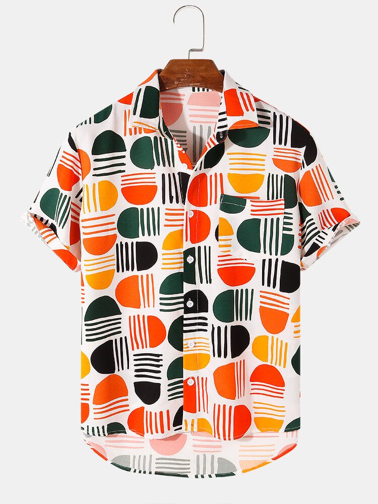 Camisas Casuales De Manga Corta Con Bolsillo De Bloque De Color Festivo Para Hombre