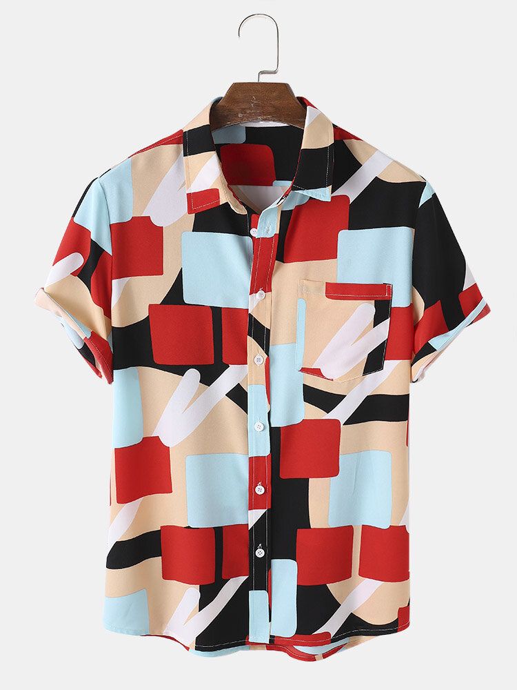 Camisas Casuales De Manga Corta Con Bolsillo De Color Block De Vacaciones Para Hombre