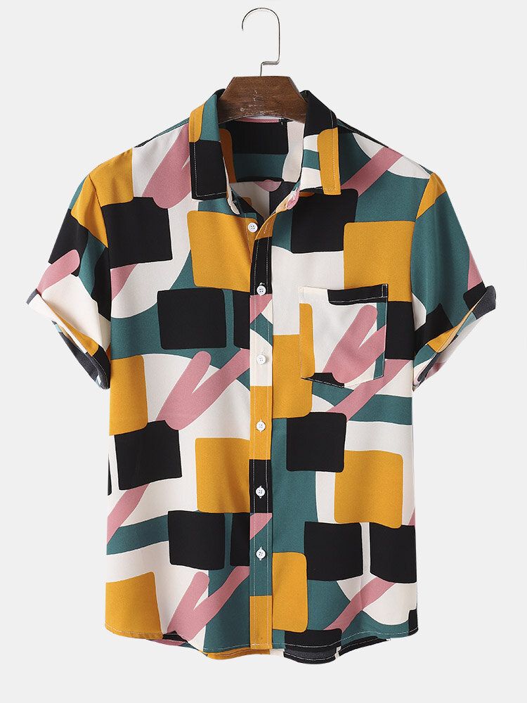 Camisas Casuales De Manga Corta Con Bolsillo De Color Block De Vacaciones Para Hombre