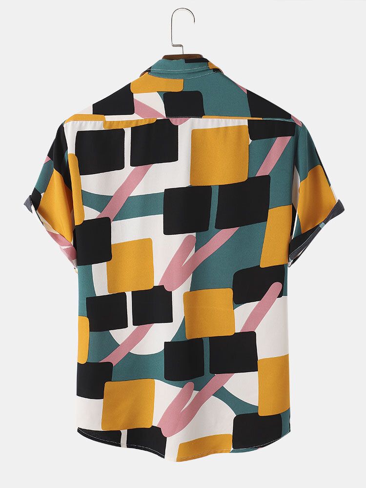 Camisas Casuales De Manga Corta Con Bolsillo De Color Block De Vacaciones Para Hombre