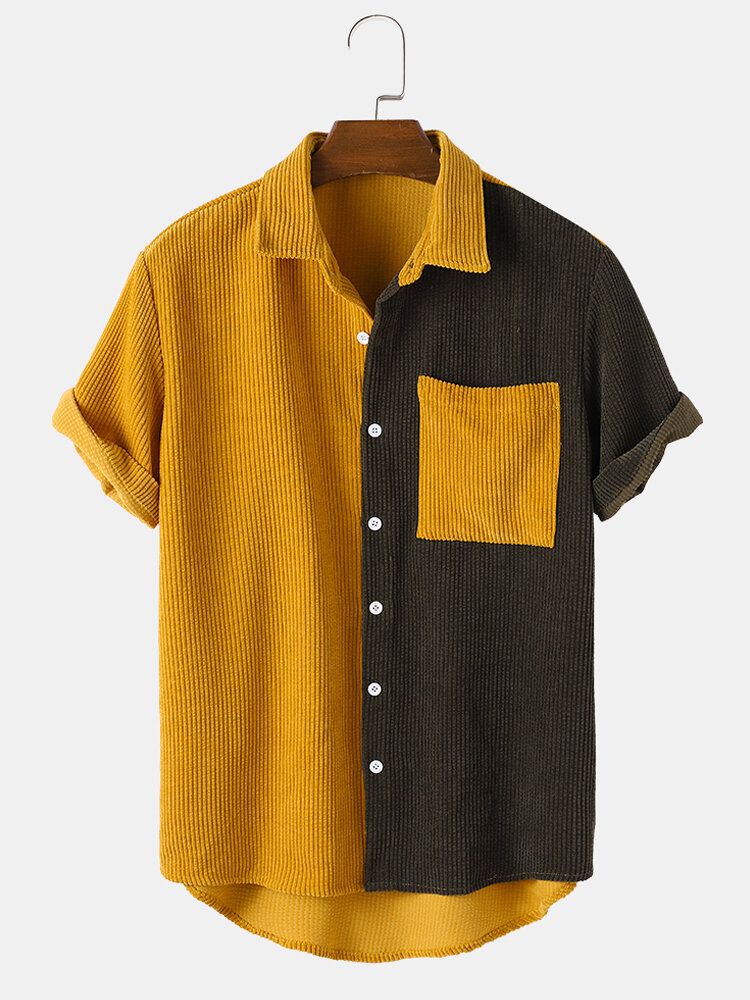 Camisas Casuales De Manga Corta Con Bolsillo De Pana Con Bloques De Color Para Hombre