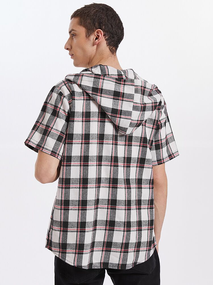 Camisas Casuales De Manga Corta Con Botones A Cuadros Para Hombre Con Capucha