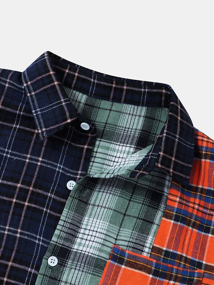 Camisas Casuales De Manga Corta Con Botones Y Solapa A Cuadros Para Hombre