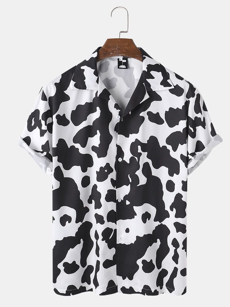 Camisas Casuales De Manga Corta Con Cuello Revere Y Estampado De Vaca Para Hombre