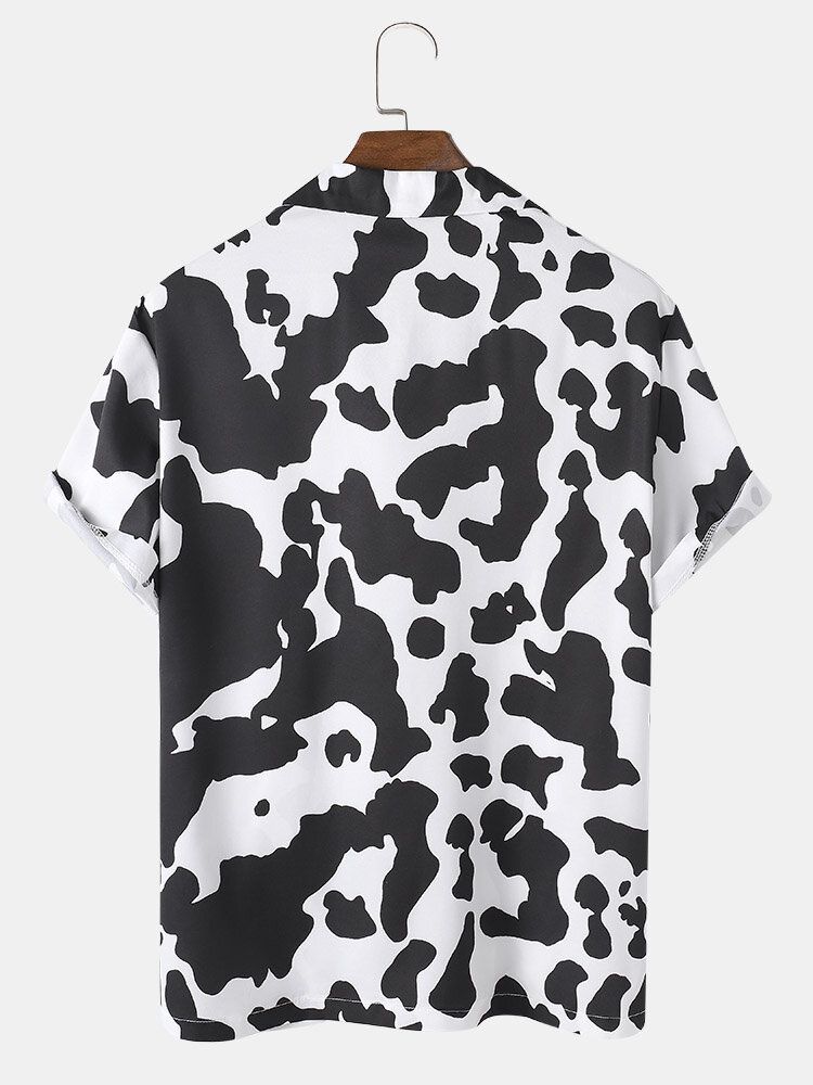 Camisas Casuales De Manga Corta Con Cuello Revere Y Estampado De Vaca Para Hombre