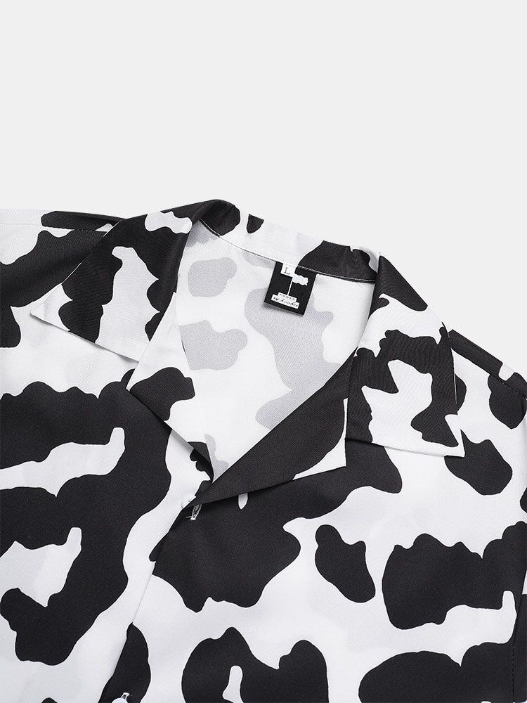 Camisas Casuales De Manga Corta Con Cuello Revere Y Estampado De Vaca Para Hombre