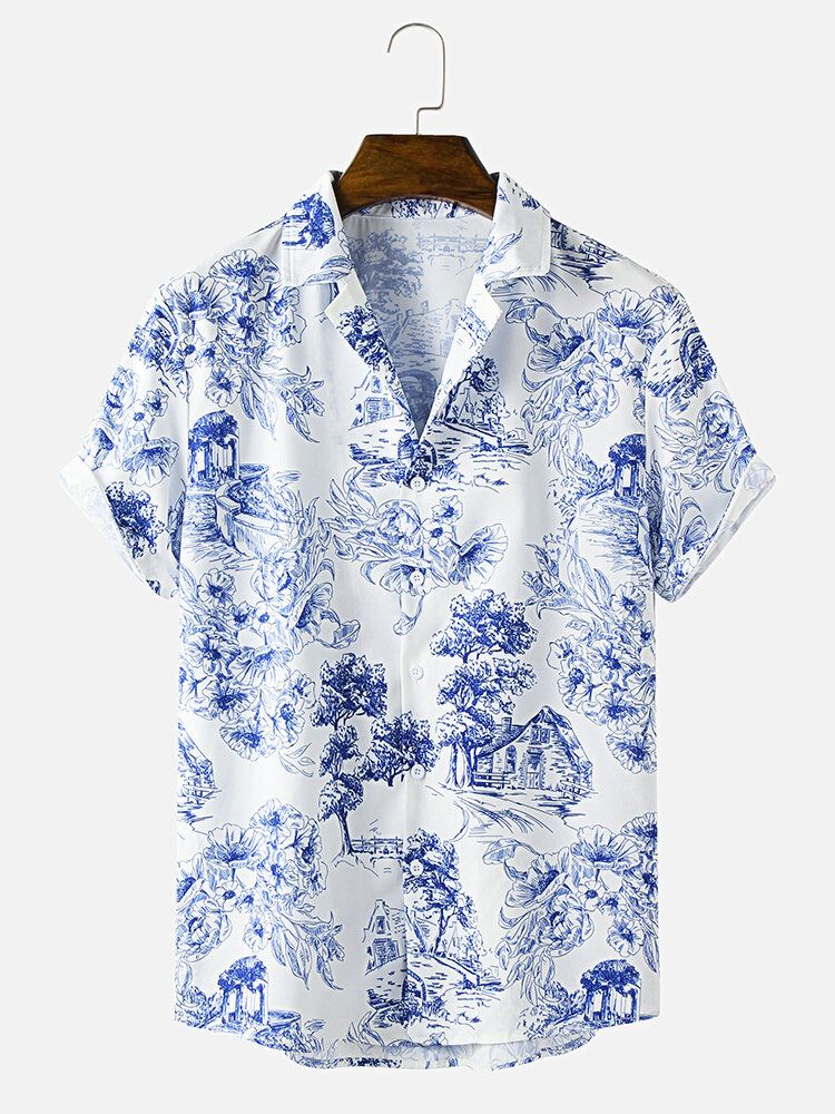 Camisas Casuales De Manga Corta Con Cuello Reverente Con Estampado De Paisaje Para Hombre