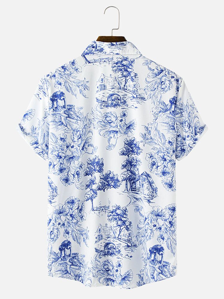 Camisas Casuales De Manga Corta Con Cuello Reverente Con Estampado De Paisaje Para Hombre