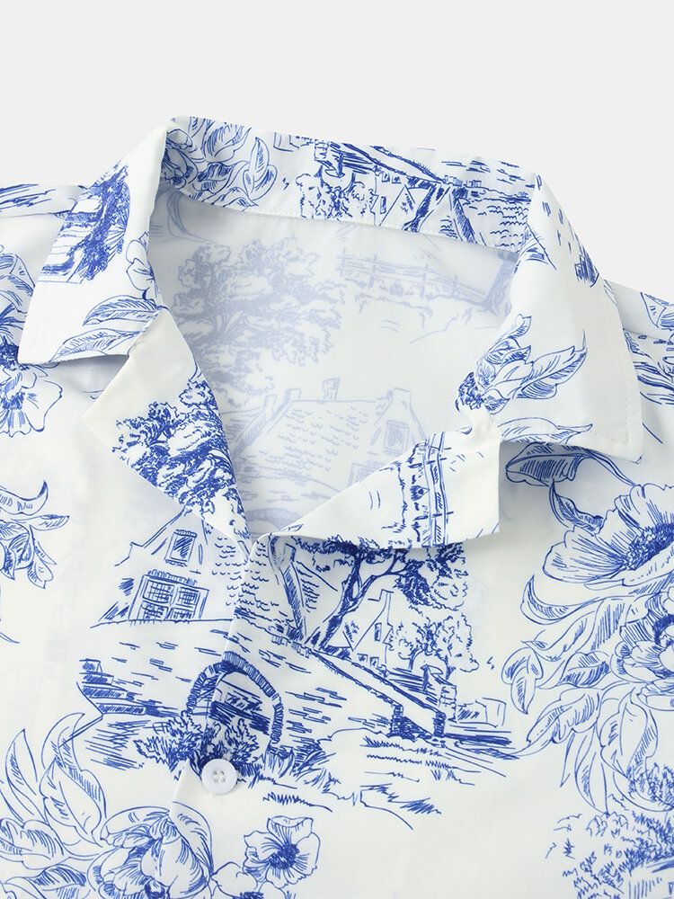 Camisas Casuales De Manga Corta Con Cuello Reverente Con Estampado De Paisaje Para Hombre