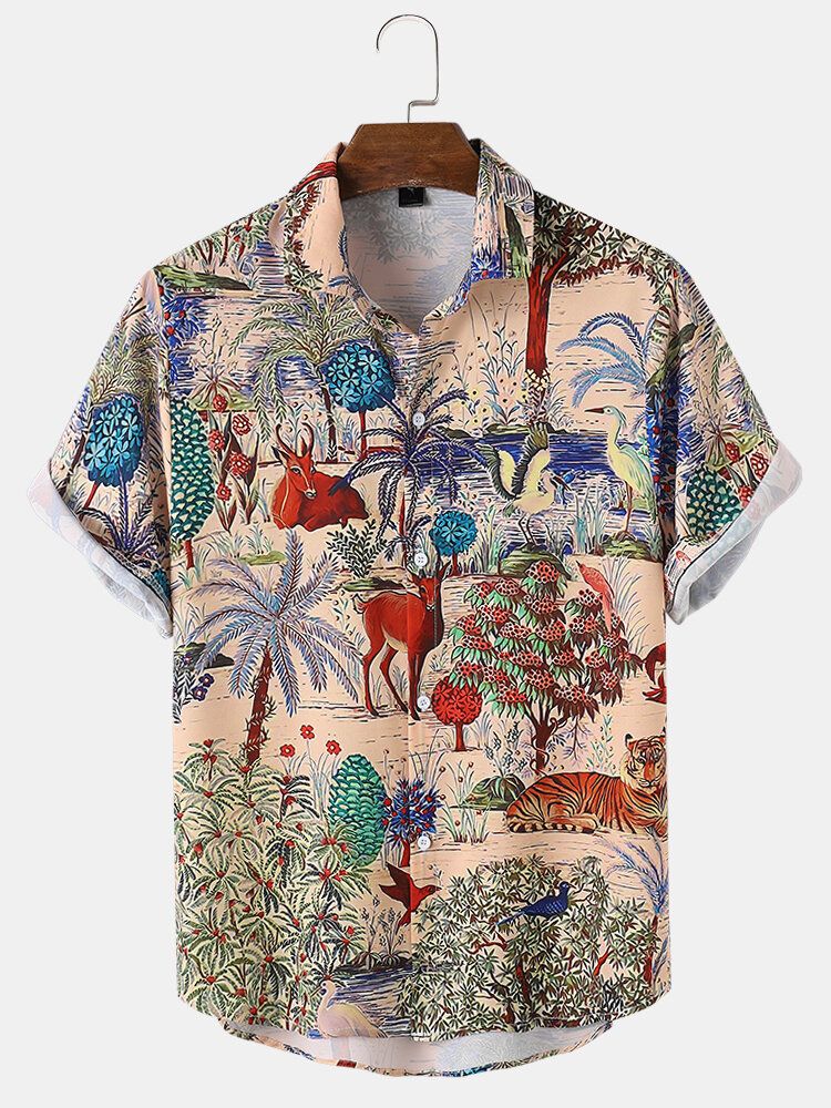 Camisas Casuales De Manga Corta Con Estampado Animal Vegetal Para Hombre