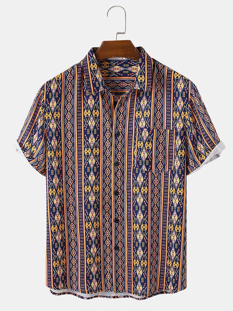 Camisas Casuales De Manga Corta Con Estampado De Geometría Tribal Para Hombre