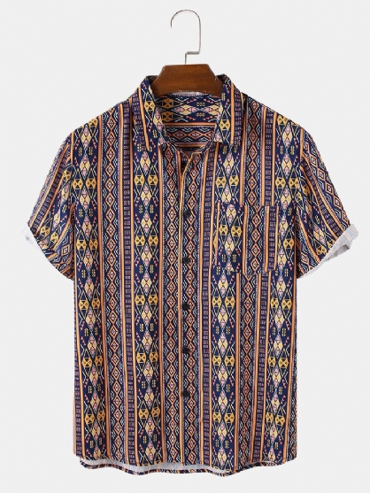 Camisas Casuales De Manga Corta Con Estampado De Geometría Tribal Para Hombre