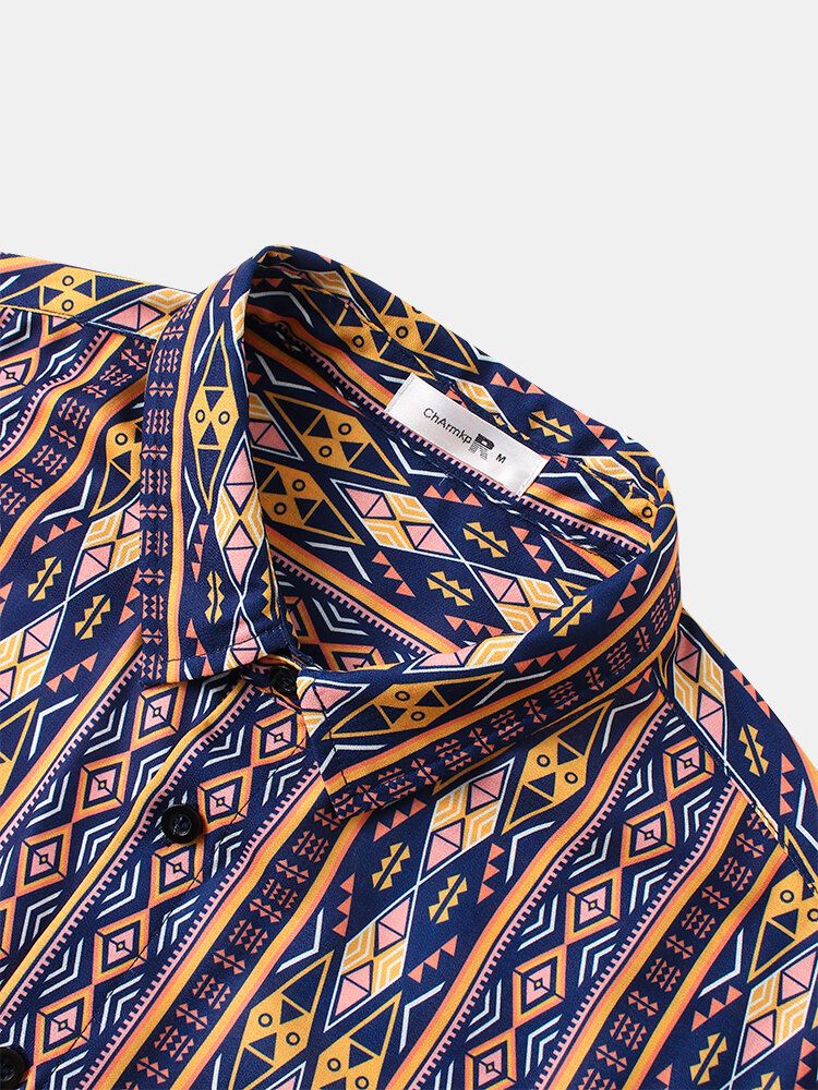 Camisas Casuales De Manga Corta Con Estampado De Geometría Tribal Para Hombre