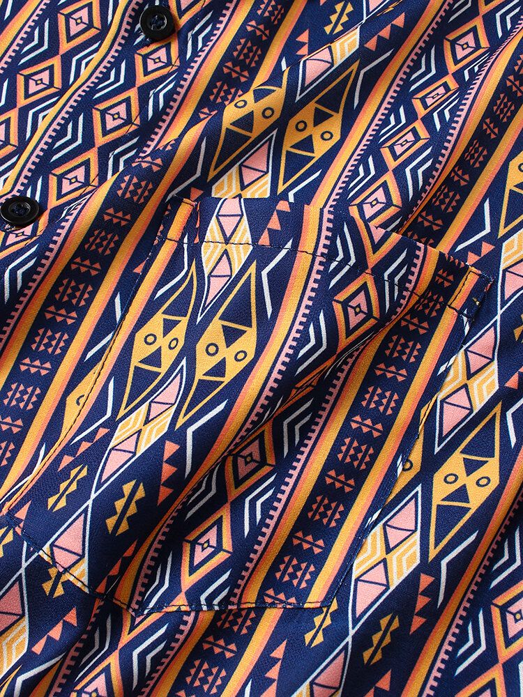 Camisas Casuales De Manga Corta Con Estampado De Geometría Tribal Para Hombre