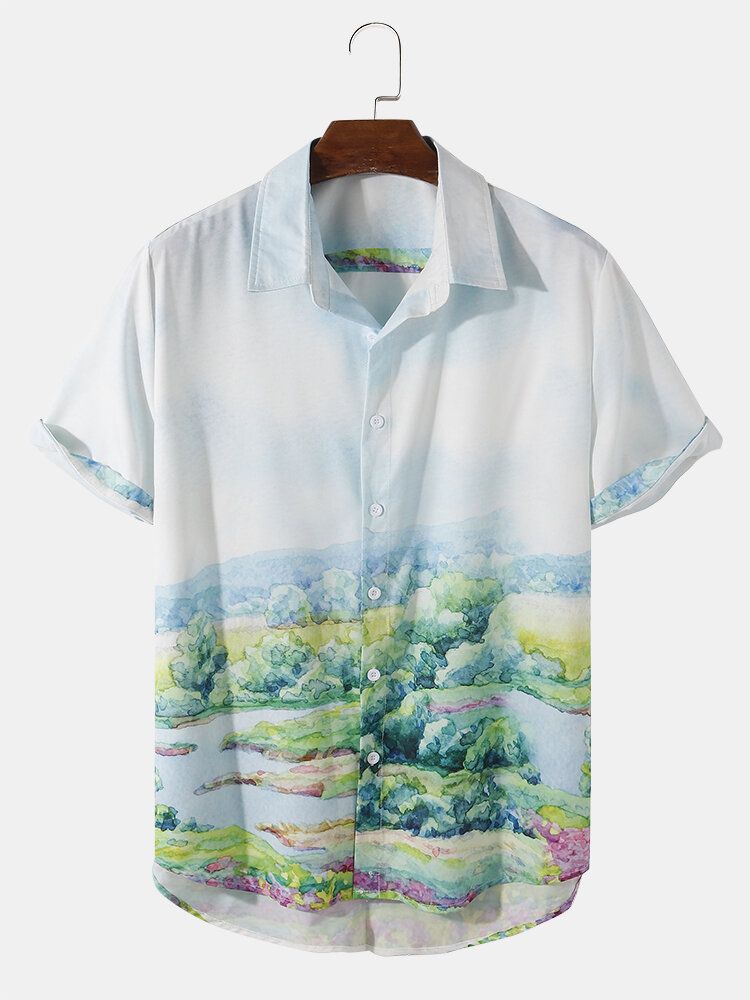 Camisas Casuales De Manga Corta Con Estampado De Paisaje Navideño Para Hombre