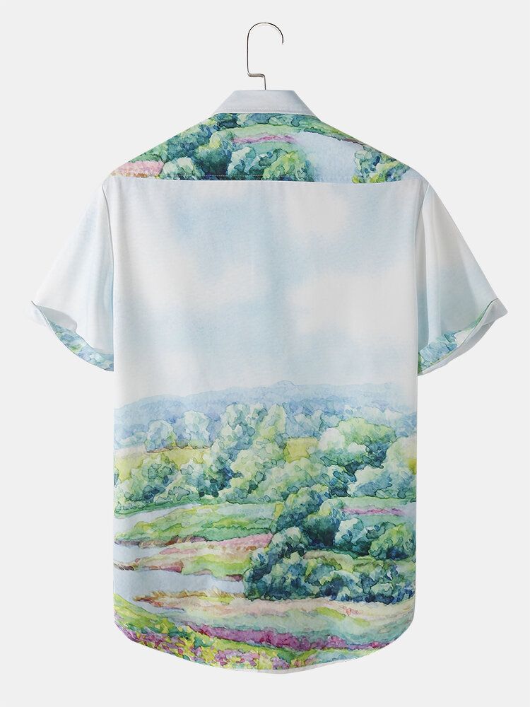 Camisas Casuales De Manga Corta Con Estampado De Paisaje Navideño Para Hombre