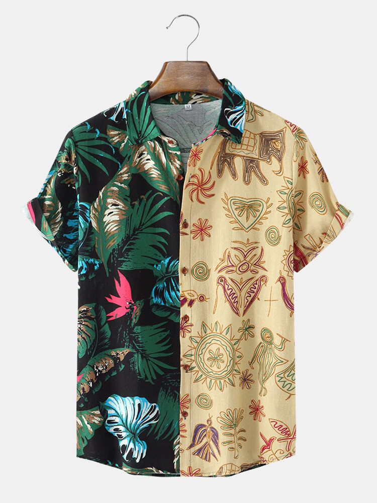 Camisas Casuales De Manga Corta Con Patchwork De Plantas Tropicales Para Hombre