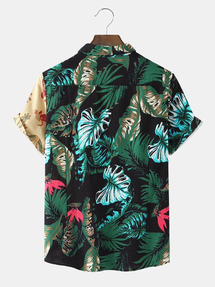 Camisas Casuales De Manga Corta Con Patchwork De Plantas Tropicales Para Hombre