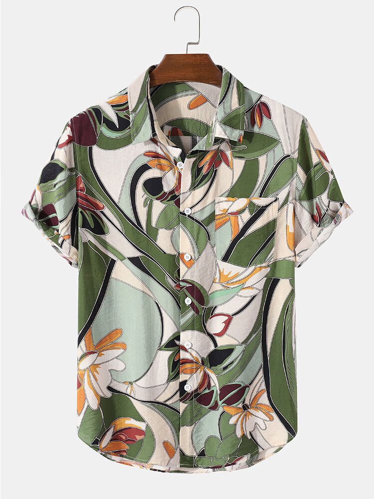 Camisas Casuales De Manga Corta Con Solapa Con Estampado Floral De Vacaciones Para Hombre