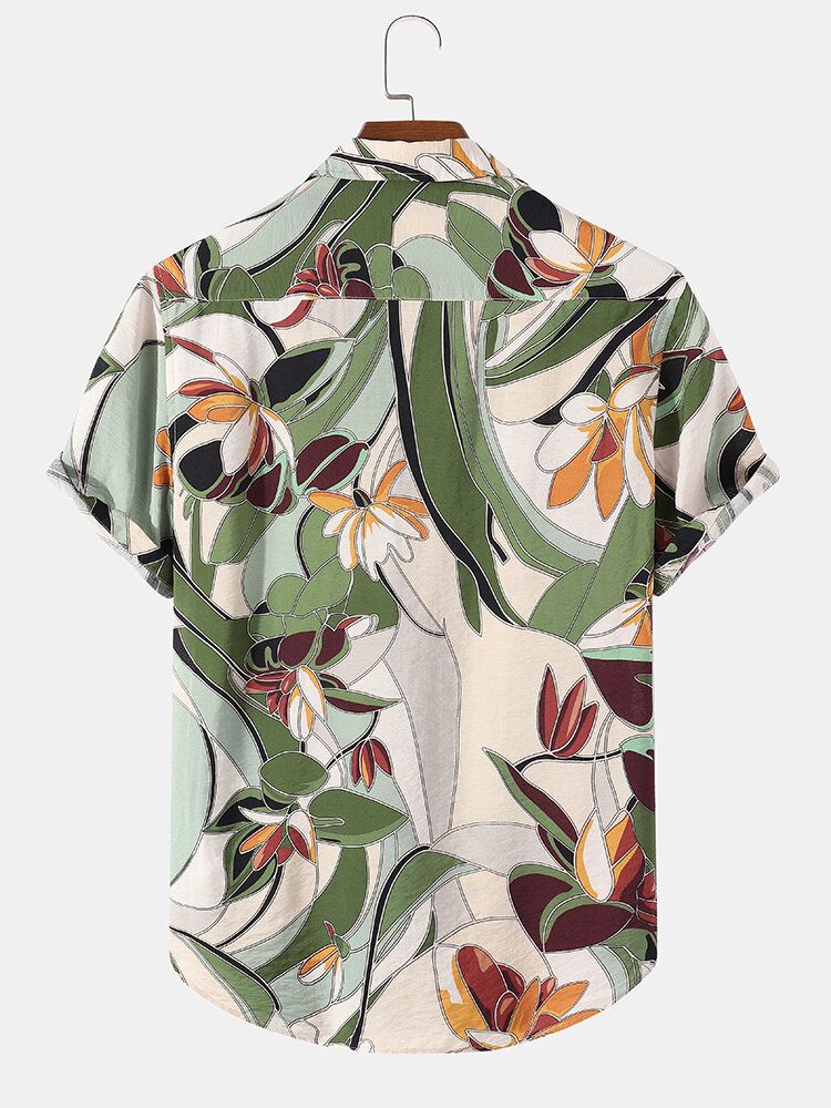 Camisas Casuales De Manga Corta Con Solapa Con Estampado Floral De Vacaciones Para Hombre