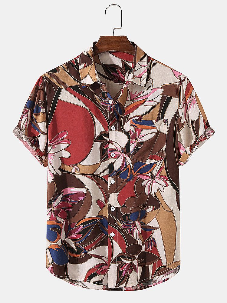 Camisas Casuales De Manga Corta Con Solapa Con Estampado Floral De Vacaciones Para Hombre