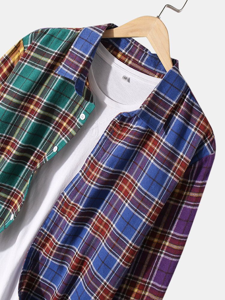 Camisas Casuales De Manga Larga Con Solapa Y Botones A Cuadros Para Hombre