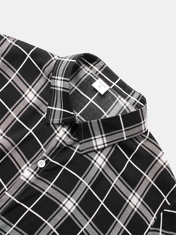 Camisas Clásicas Con Botones De Manga Corta Y Solapa Con Estampado A Cuadros Para Hombre