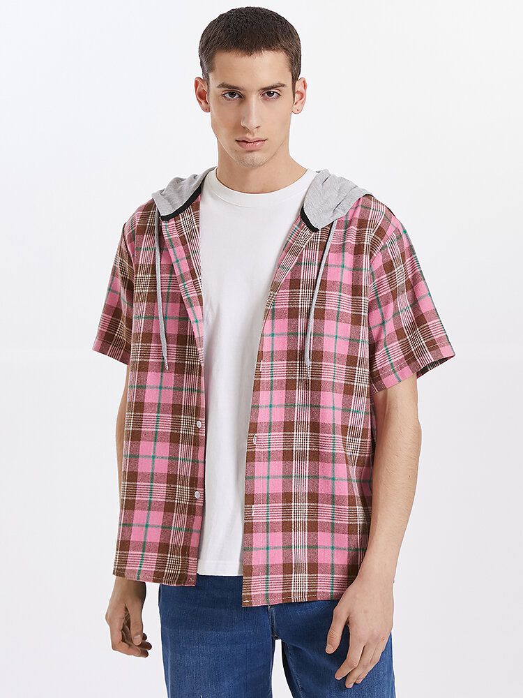 Camisas Con Capucha Con Cordón Informal De Manga Corta Delantera Con Botones A Cuadros Para Hombre