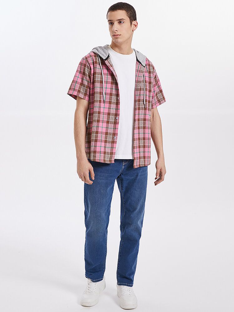 Camisas Con Capucha Con Cordón Informal De Manga Corta Delantera Con Botones A Cuadros Para Hombre